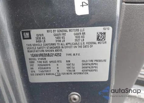 2011 GMC Acadia Slt-1 из США, поврежденный, VIN 1GKKVRED5BJ214252